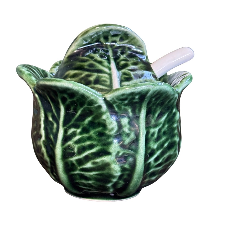 Vintage Green Majolica Ceramic Cabbage Sugar Jam/Honey Bowl with Lid & Spoon